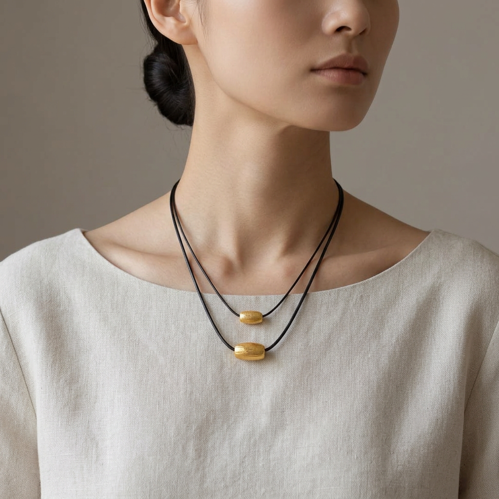 18K Gold Minimalist Charm Braided Leather Cord Unisex Necklace