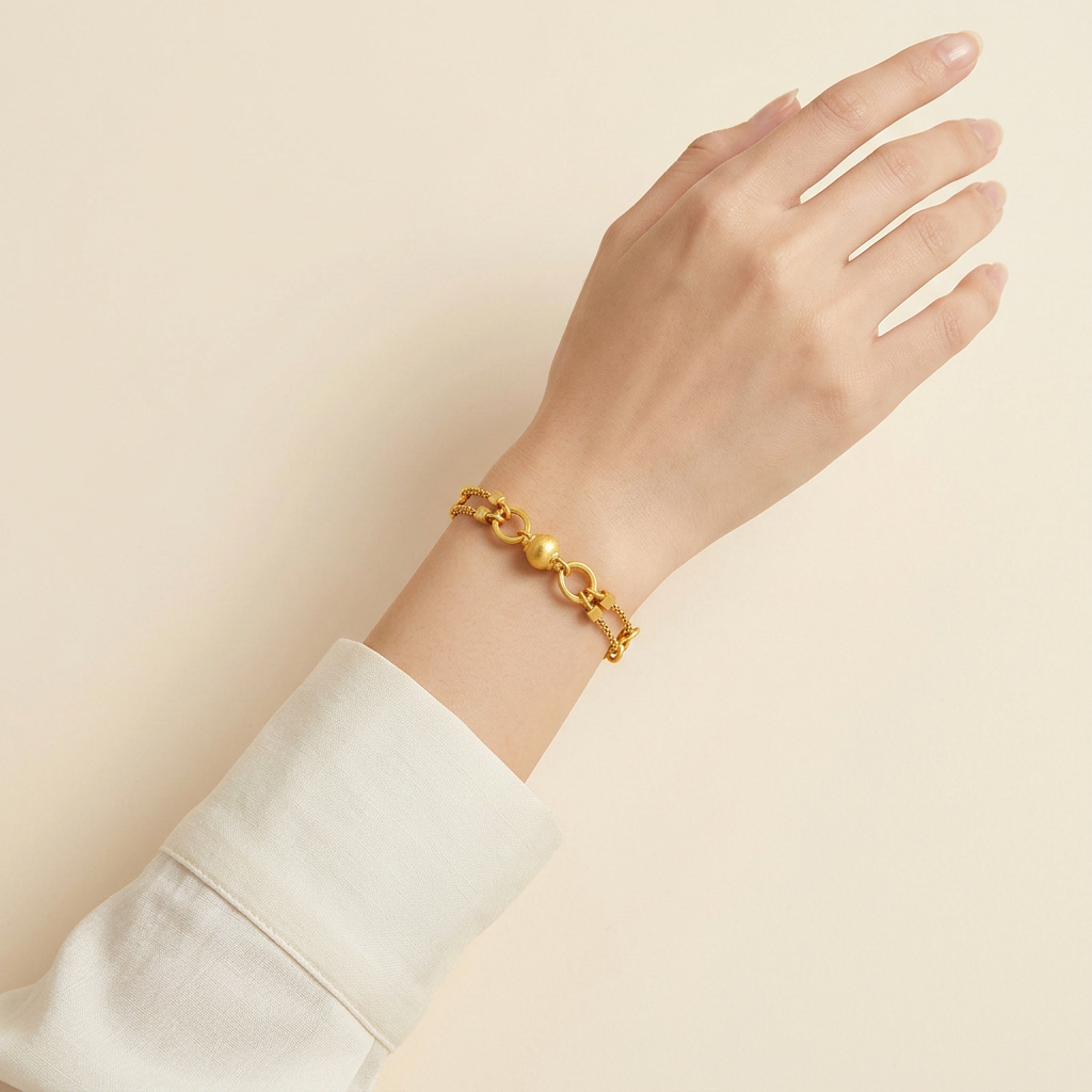24k Gold bead Charms Minimal Chain Link Bracelet