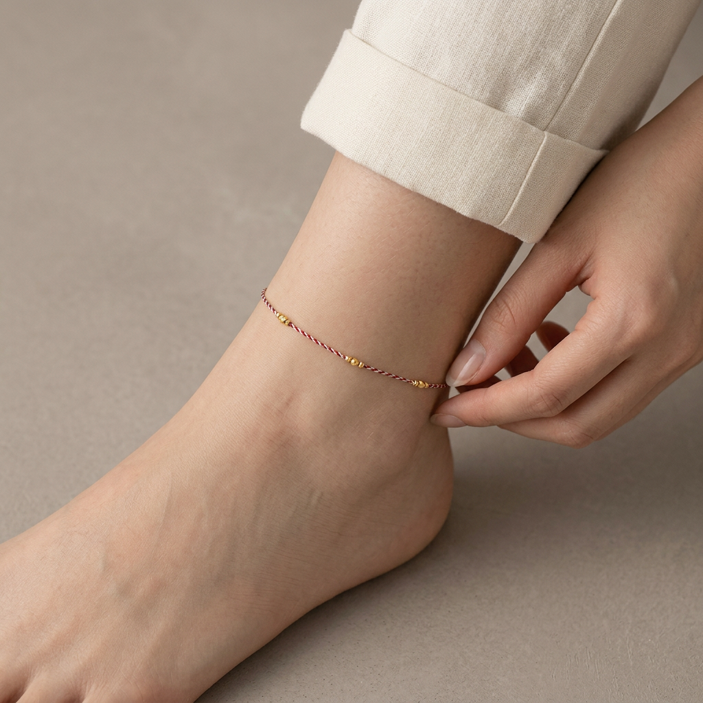 24k 999 Gold Minimal Infinity Loop Charm Beads Braided Ultra-Fine Cord Anklet