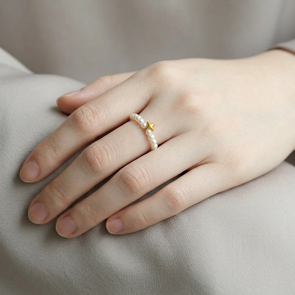 24k Pure 999 Gold Heart Ingot Star Charm Natural Pearl Elegant Minimalist Beaded Ring