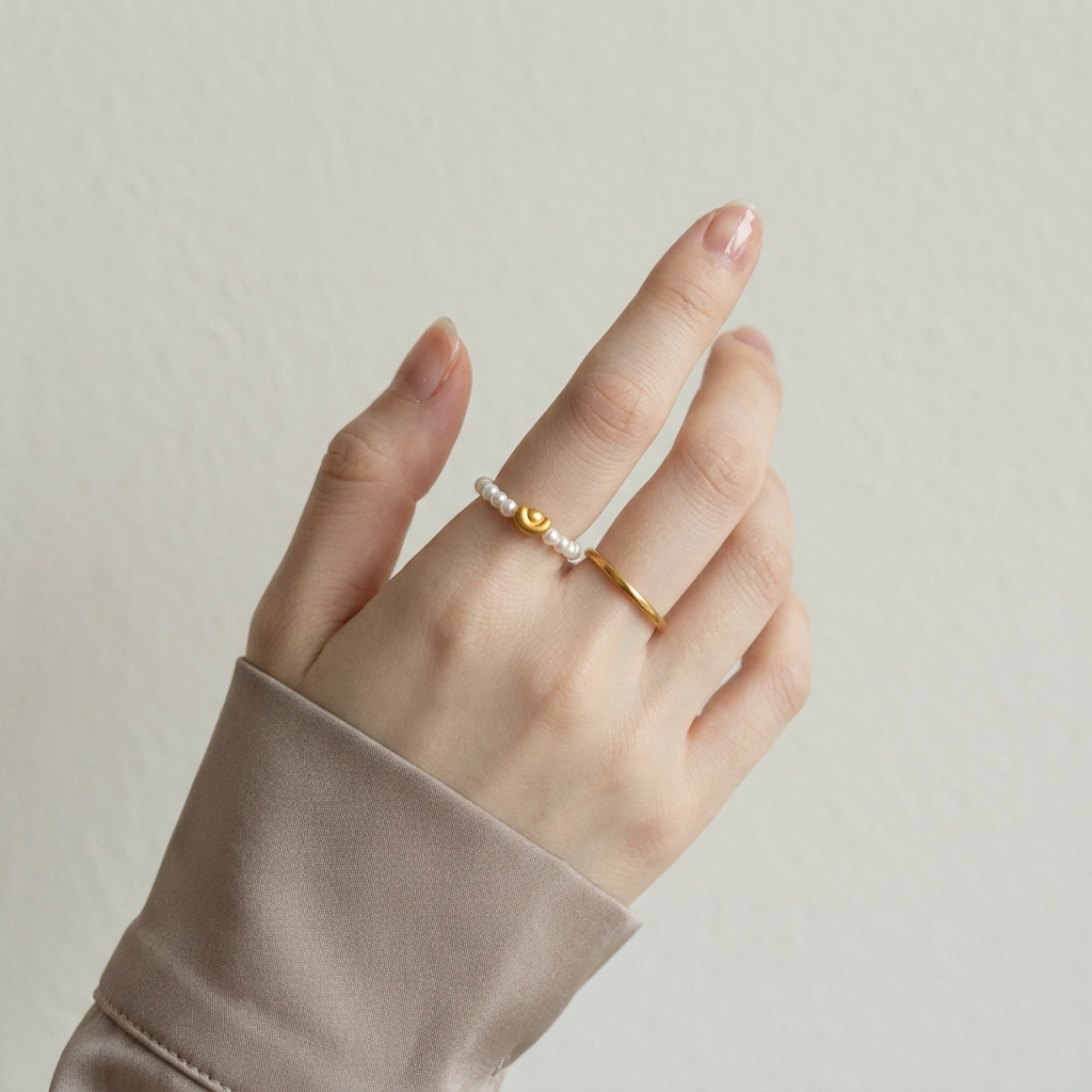 24k Pure 999 Gold Heart Ingot Star Charm Natural Pearl Elegant Minimalist Beaded Ring