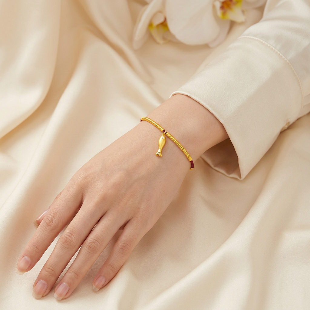 24K 999 Gold Lucky Fish Charms Braided Cord Adjustable Bracelet