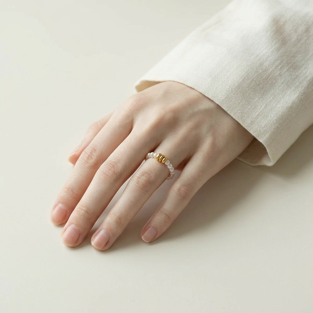 24k Pure 999 Gold Heart Ingot Star Charm Natural Pearl Elegant Minimalist Beaded Ring
