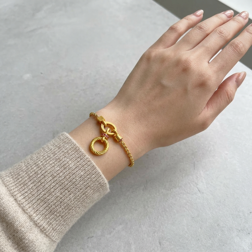 24k Gold Twisted Auspicious Cloud Circle Charms Minimal Chain Link Bracelet