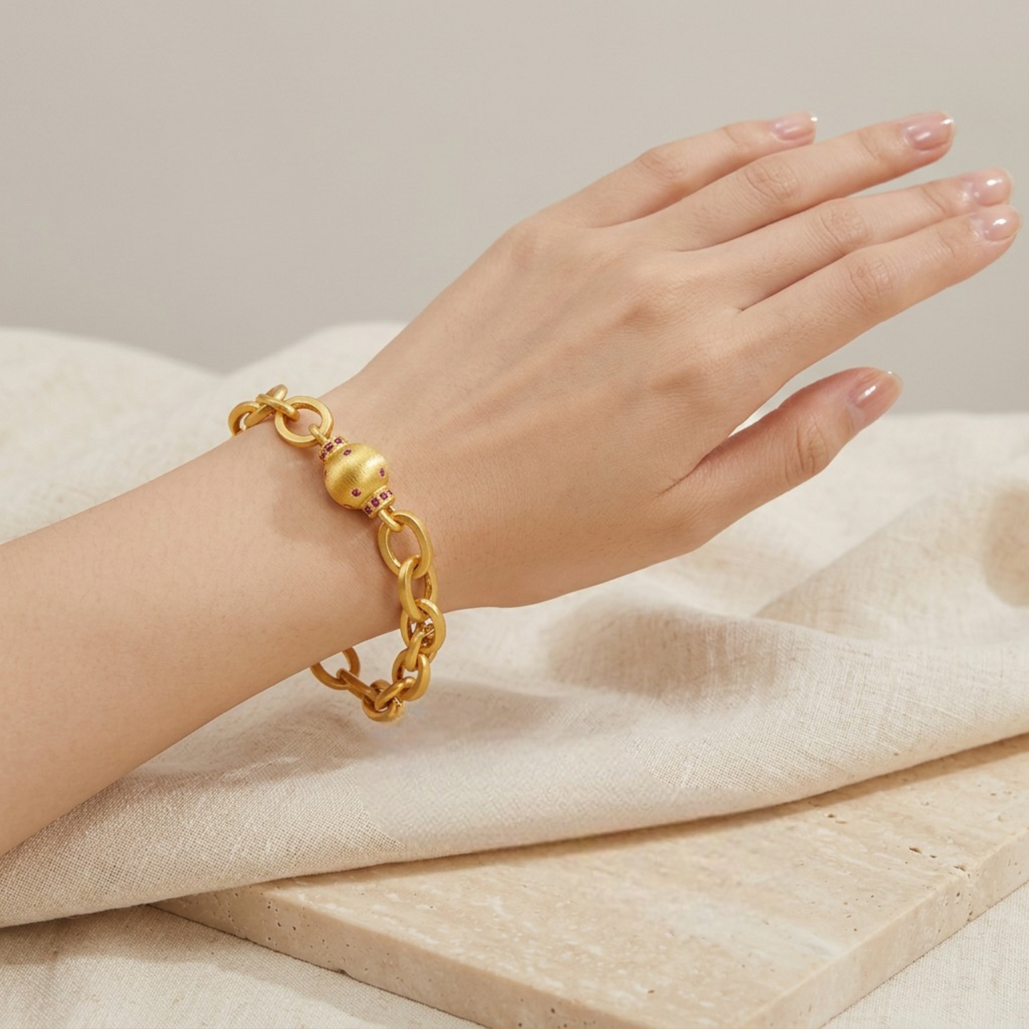 24k Gold bead Charms Minimal Chain Link Bracelet