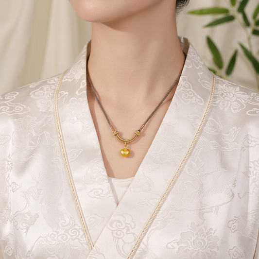 24K Gold Blessing Fu Lock Charm Weaving Rope Necklace