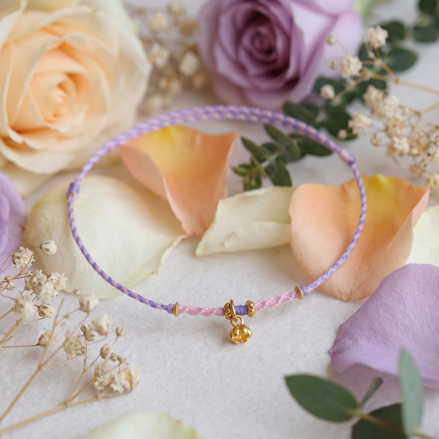 24K Fine Gold Tiny Flower Charm Ultra-Fine Adjustable Cord Bracelet