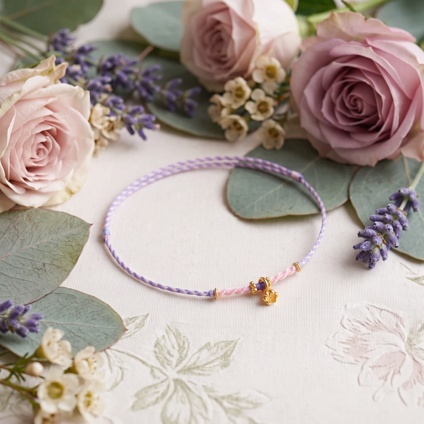 24K Fine Gold Tiny Flower Charm Ultra-Fine Adjustable Cord Bracelet