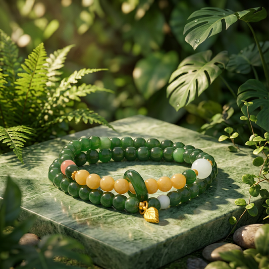 24K Gold Leaf Charm Natural Jade Double-Wrap Agate Accents Beads Bracelet