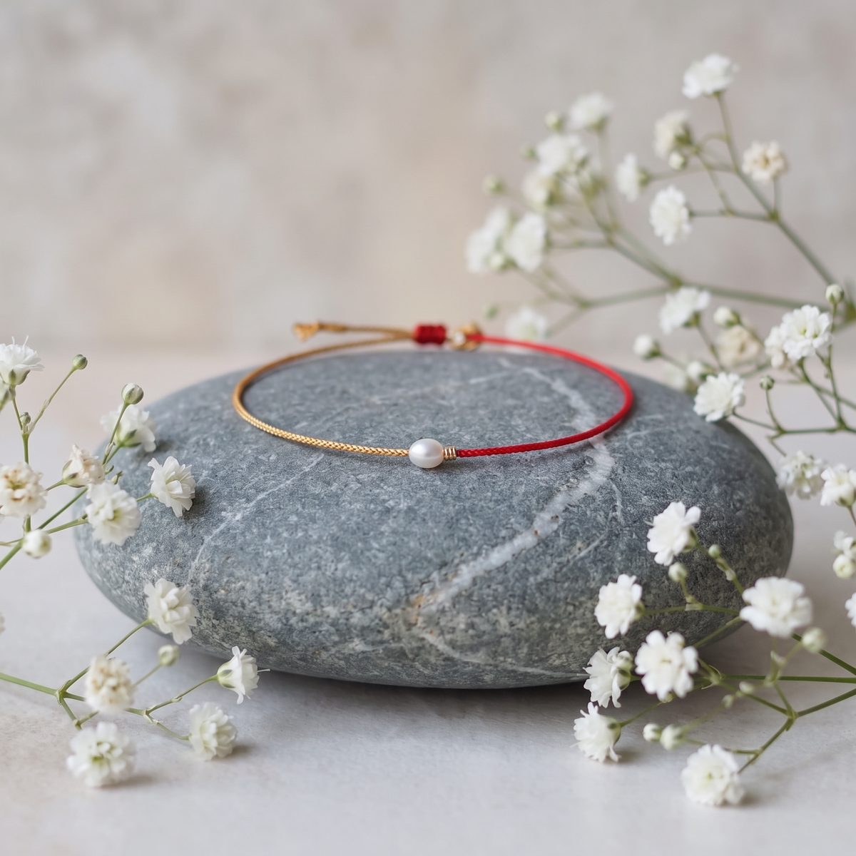 999 24k Gold Clasp with Pearl Bead Adjustable Cord String Bracelet