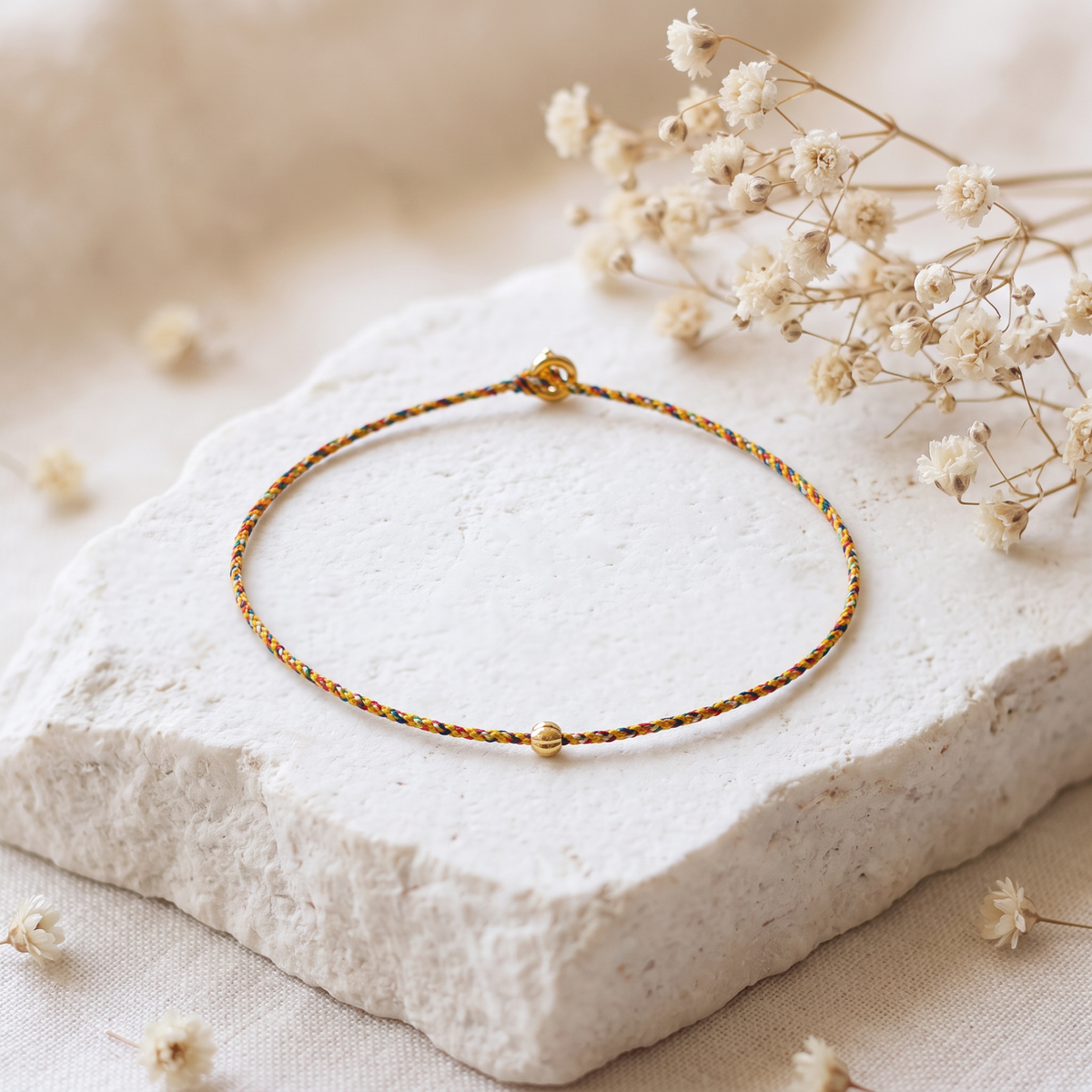 18k Gold Bead Charm Minimal Braided Cord Adjustable Bracelet