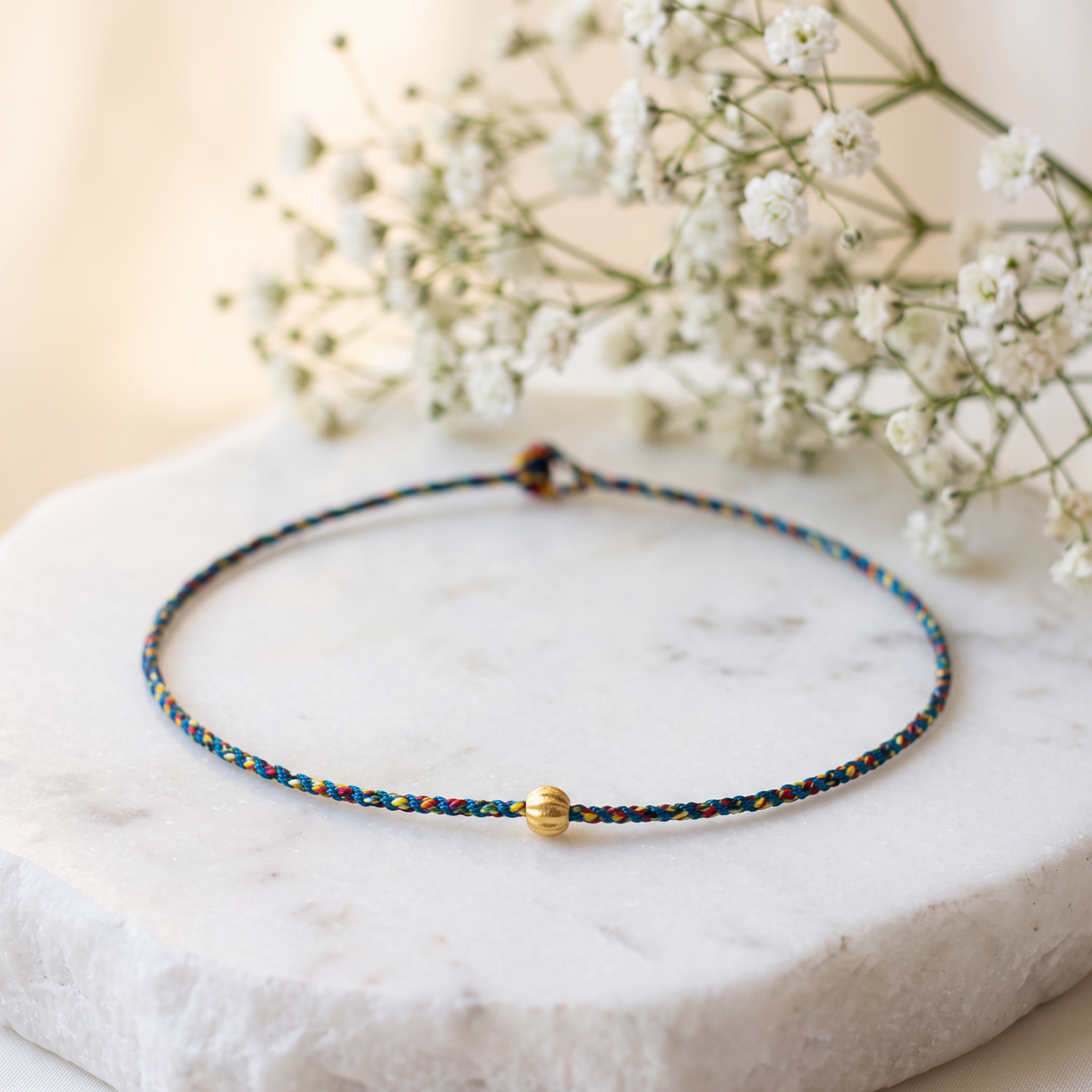 18k Gold Bead Charm Minimal Braided Cord Adjustable Bracelet