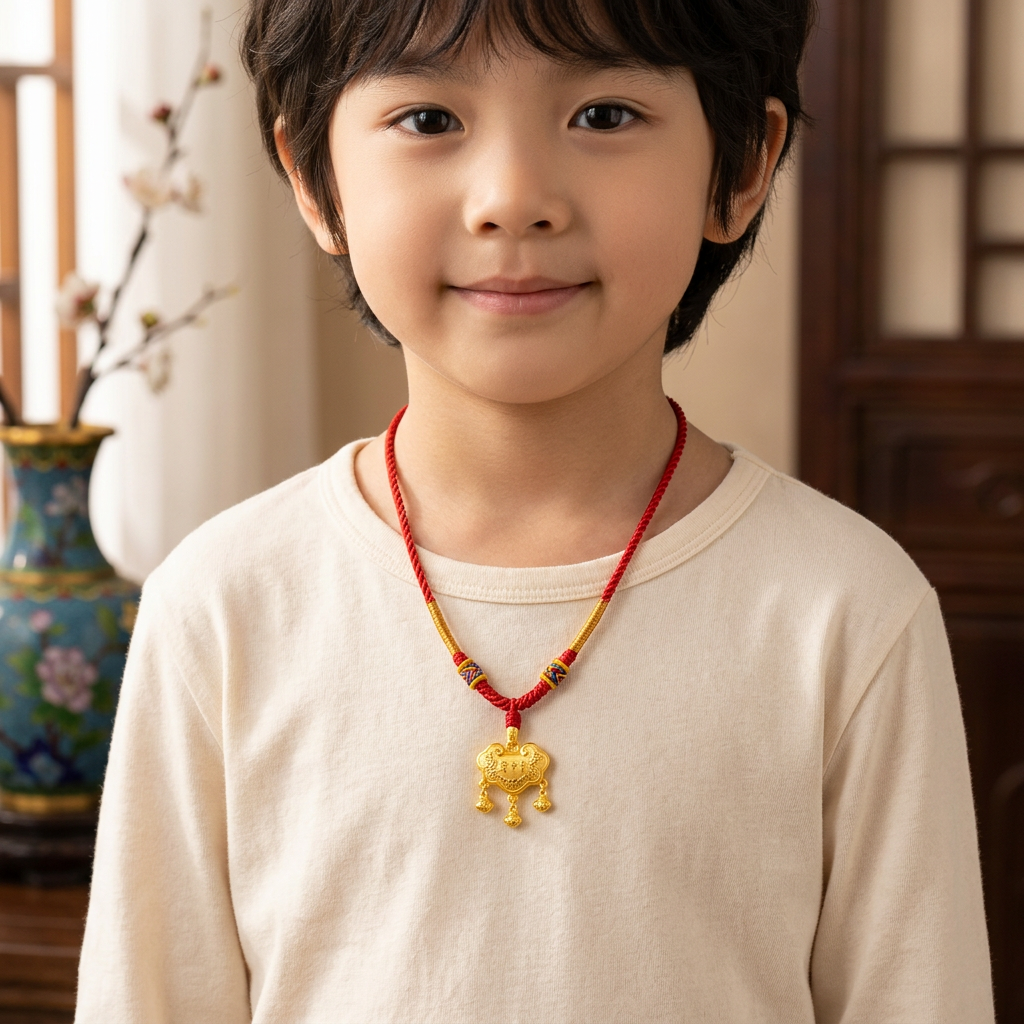 24K Gold Baby Longevity Lock Bell Pendant Weaving Necklace Full-Month & First Birthday Gift