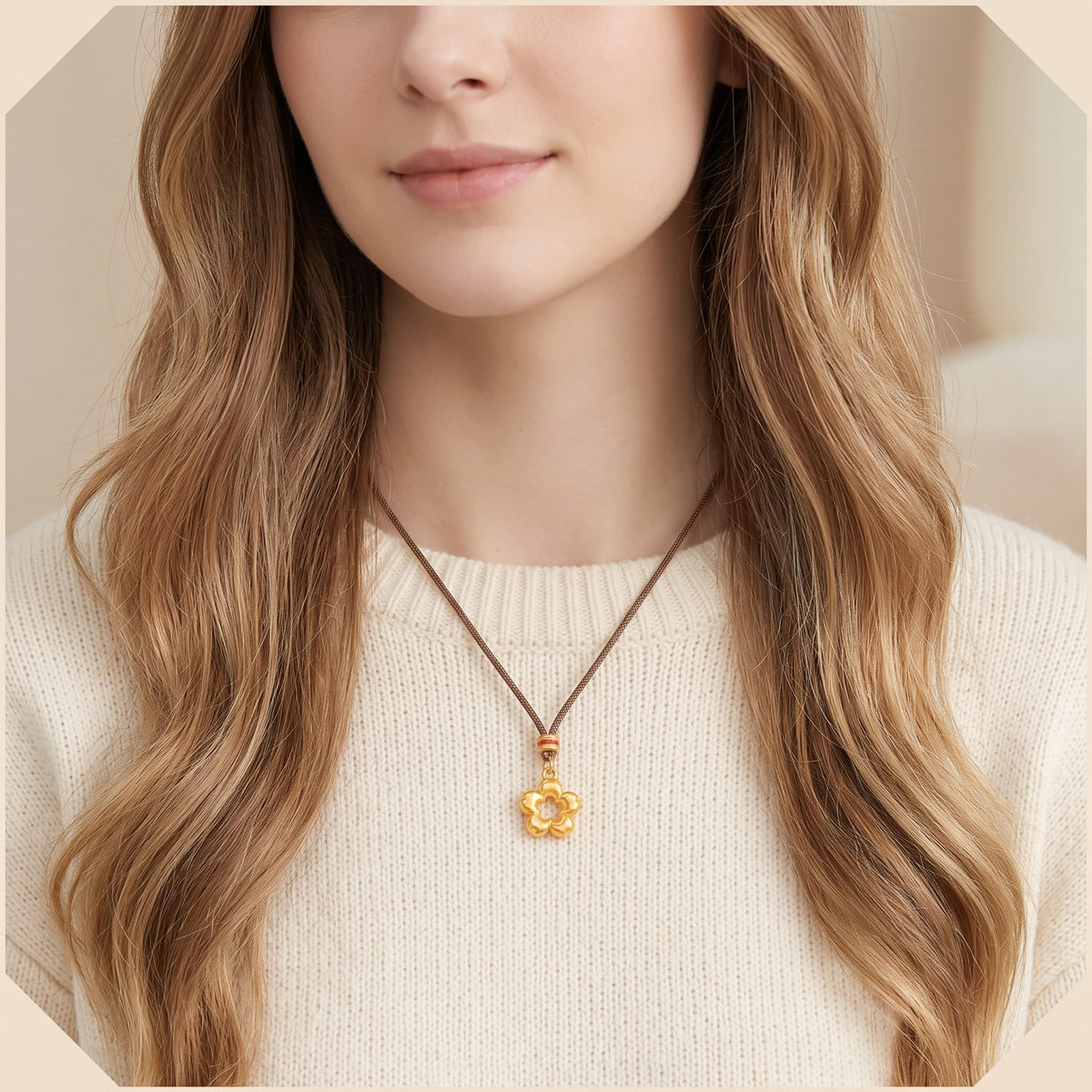 24K Gold Flower Moissanite Pendant Cord Necklace