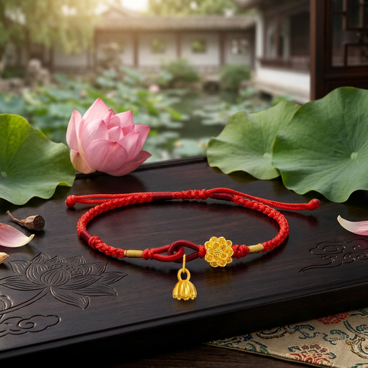 24K 999 5D Gold Flower Lotus Charm Weaving Adjustable Bracelet