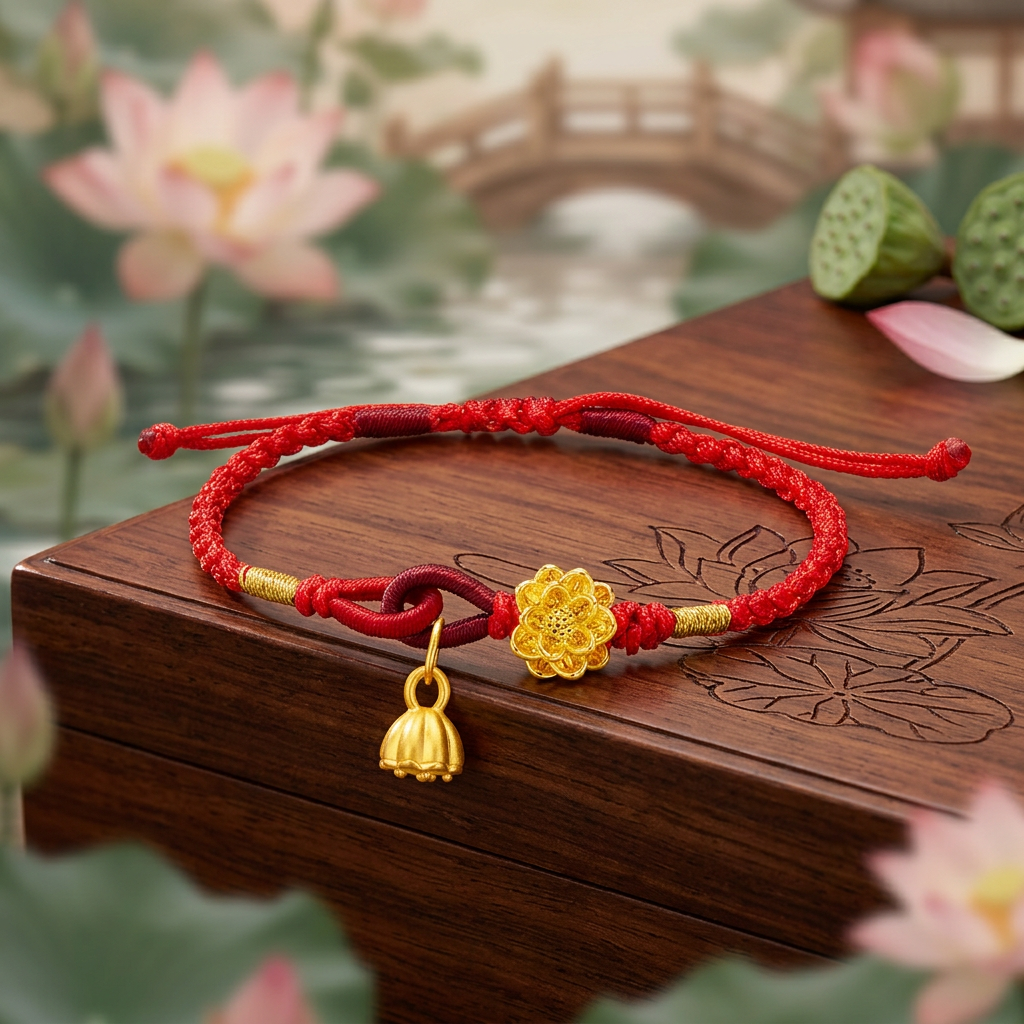 24K 999 5D Gold Flower Lotus Charm Weaving Adjustable Bracelet
