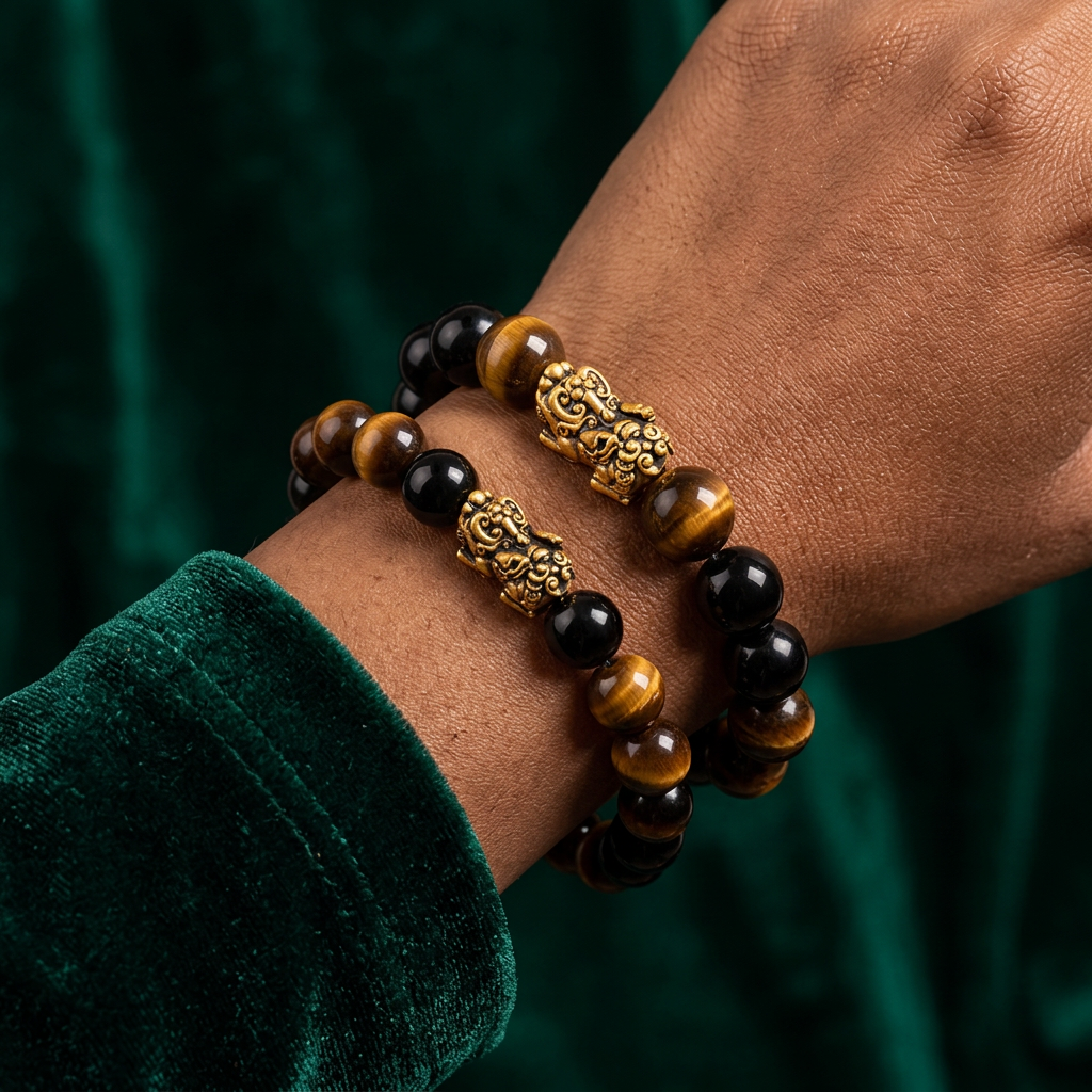 24K Gold Wealth Pixiu Charm with Tiger Eye Stone Beads Unisex Bracelet