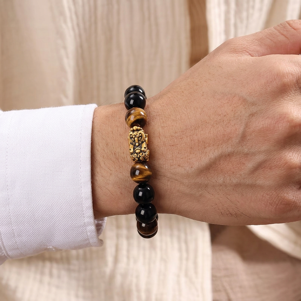 24K Gold Wealth Pixiu Charm with Tiger Eye Stone Beads Unisex Bracelet