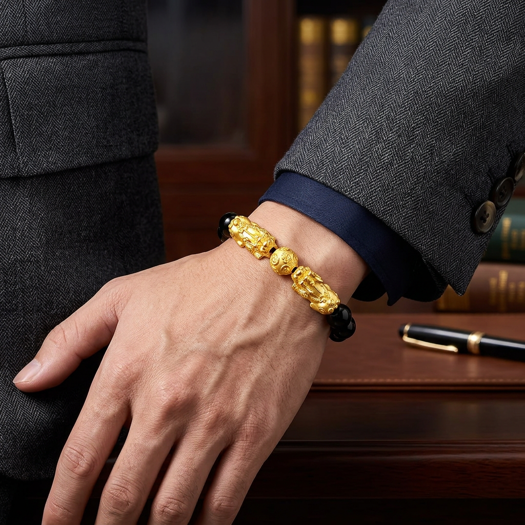 24K 999 Gold Pixiu Wealth Charm Tiger Eye Black Agate Sanskrit Beads Unisex Bracelet