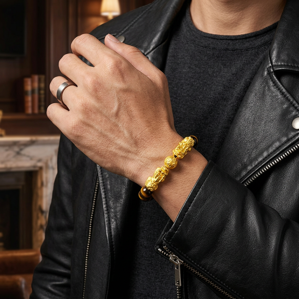 24K 999 Gold Pixiu Wealth Charm Tiger Eye Black Agate Sanskrit Beads Unisex Bracelet