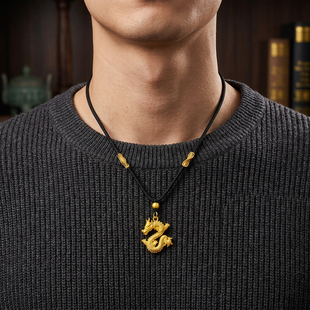 24K Fine Gold Zodiac Dragon Pendant Weaving Cord Necklace