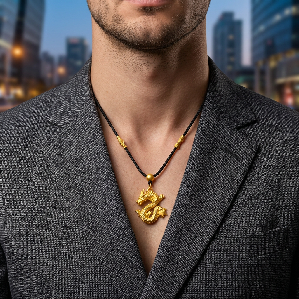 24K Fine Gold Zodiac Dragon Pendant Weaving Cord Necklace