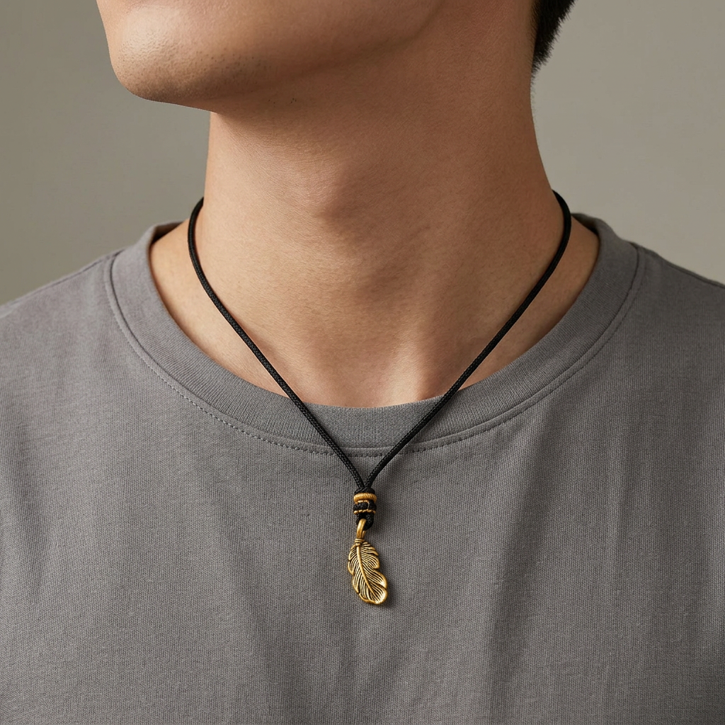 24K Gold Feather Lucky Pendant Detailed Good Fortune Braided Necklace