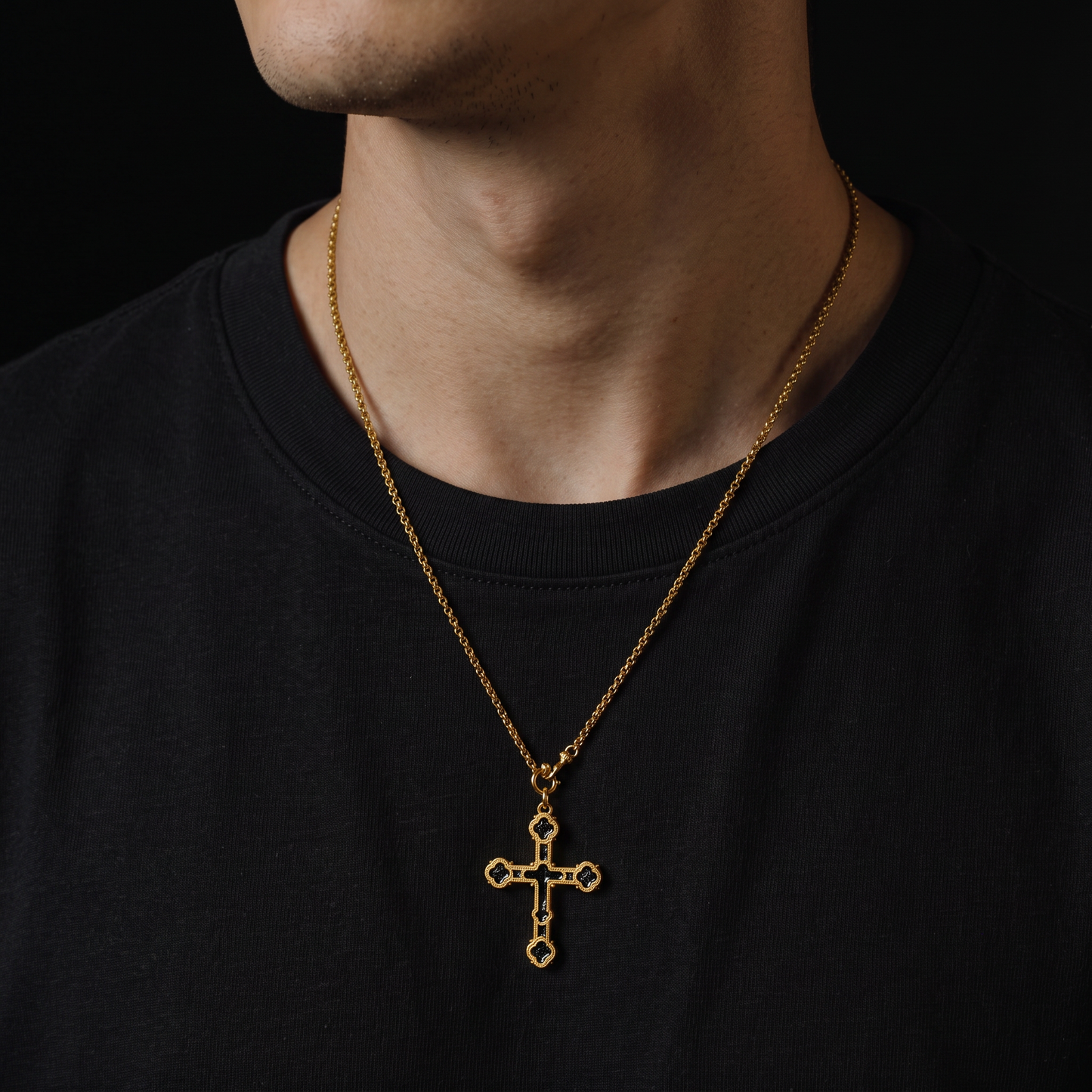 24K 999 Fine Gold Men Women Unisex Cross Charm Black Enamel