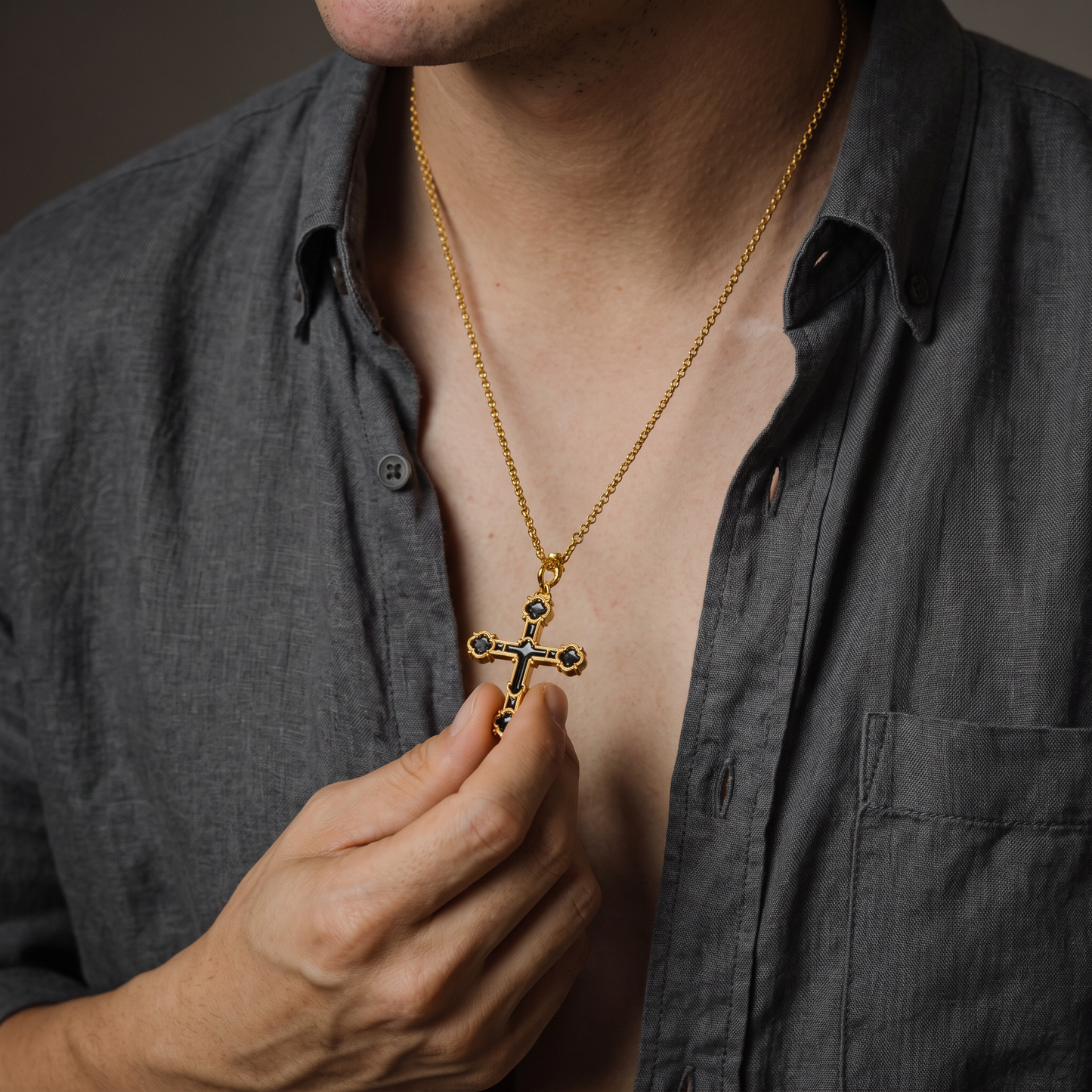 24K 999 Fine Gold Men Women Unisex Cross Charm Black Enamel