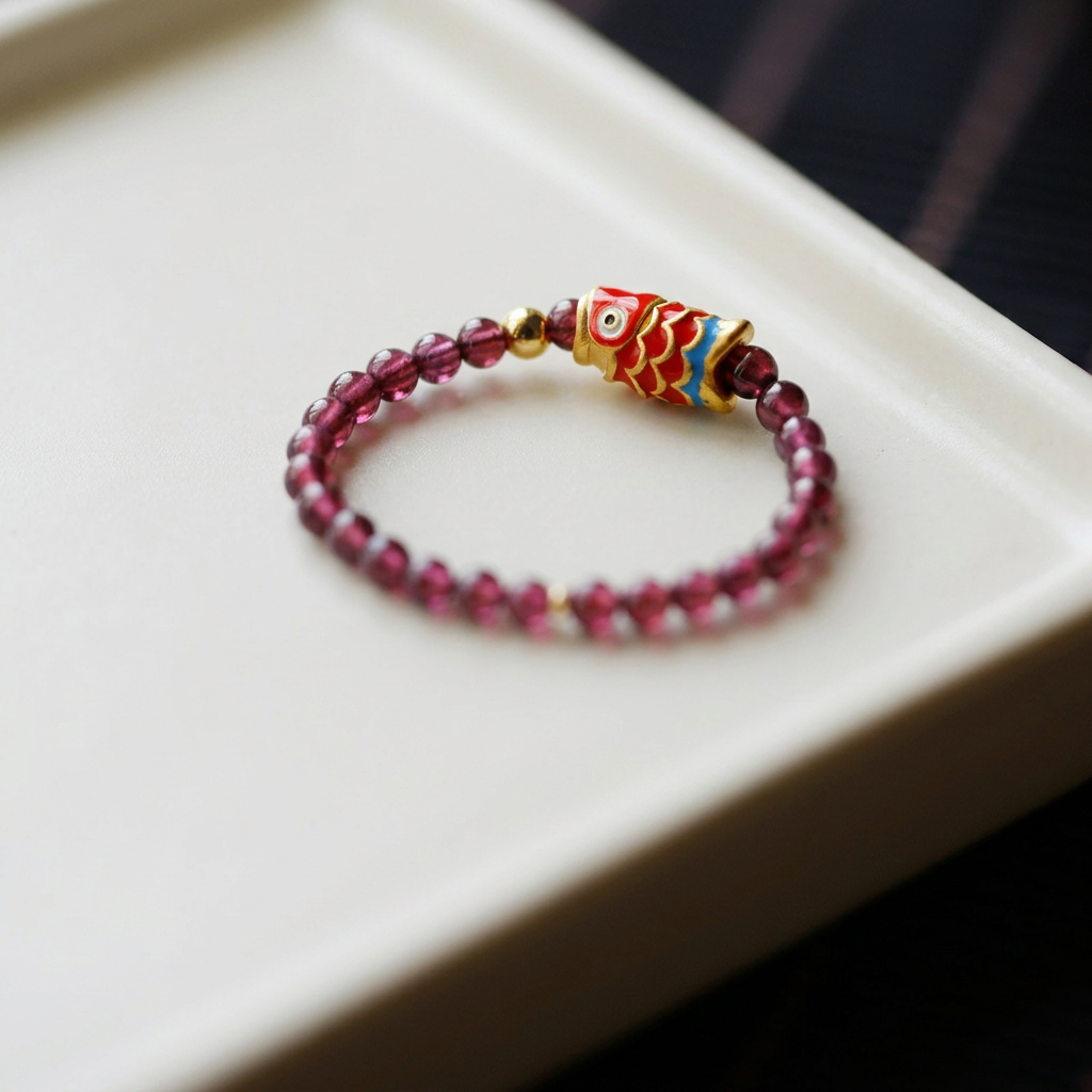 24k 999 Gold Carp Koi Fish Charm Beads High-Quality Natural Garnet Ring
