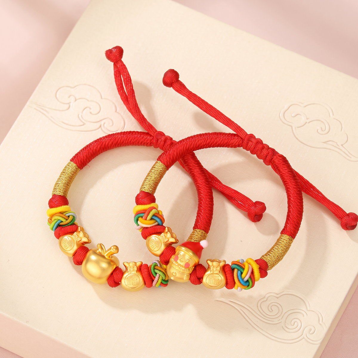 24K 999 Gold Christmas Tree Holiday Reindeer Snowman Charm Woven Bracelet Kid Baby Gift