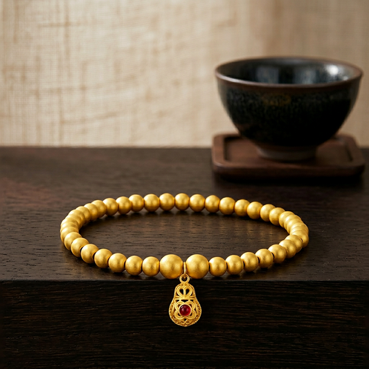 24K Gold Fortune & Prosperity Gold Gilded Enamel Lucky Turning Bead Bracelet