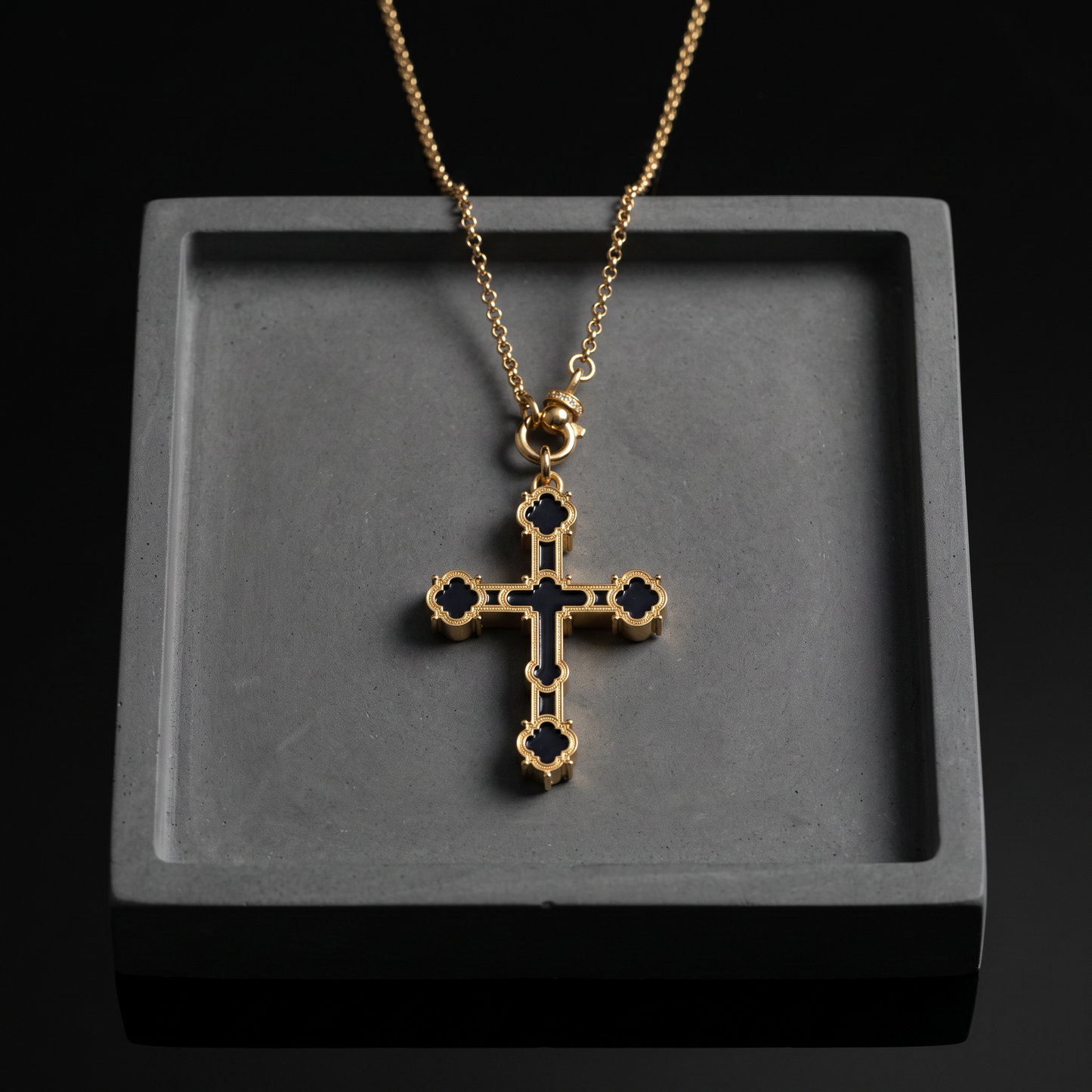 24K 999 Fine Gold Men Women Unisex Cross Charm Black Enamel