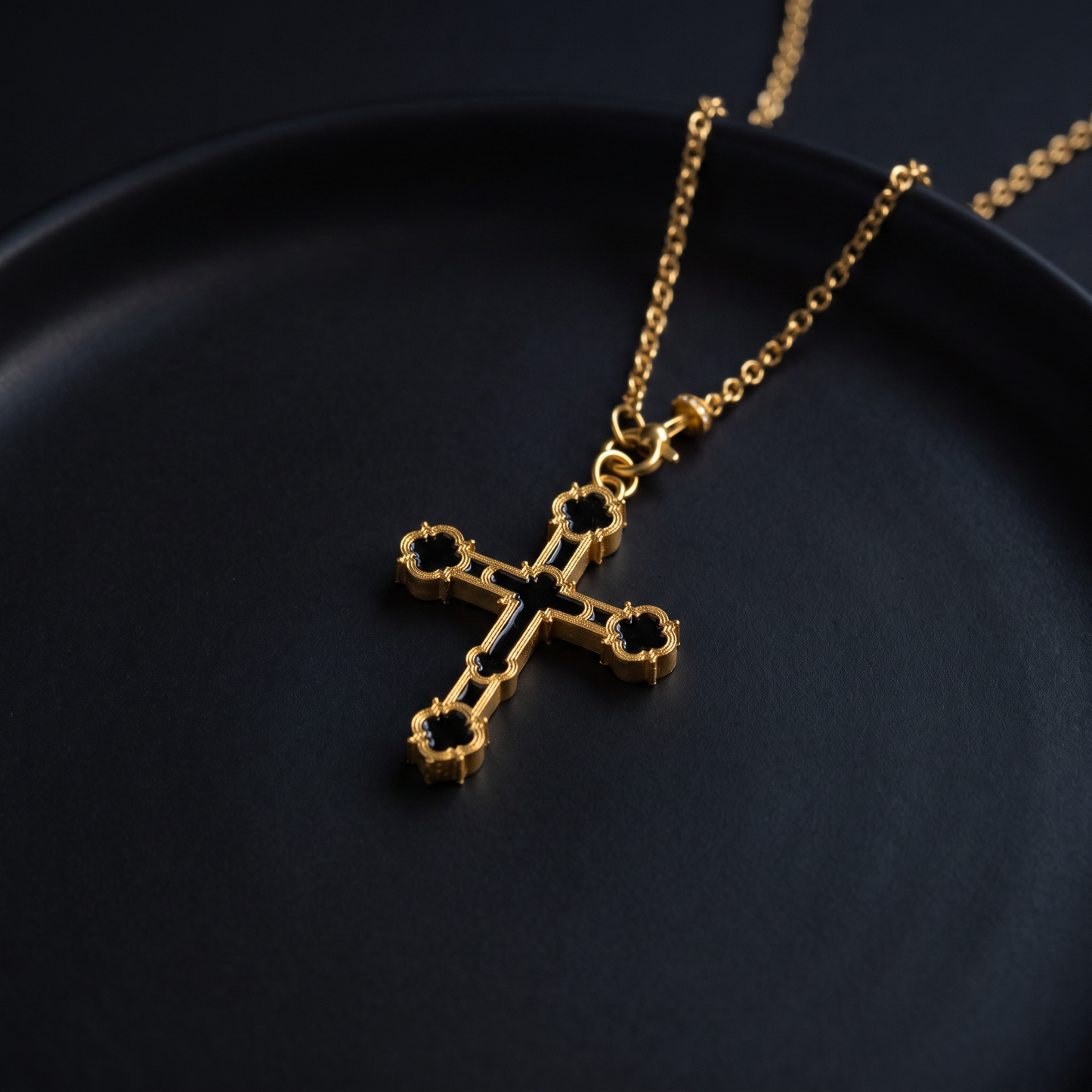 24K 999 Fine Gold Men Women Unisex Cross Charm Black Enamel