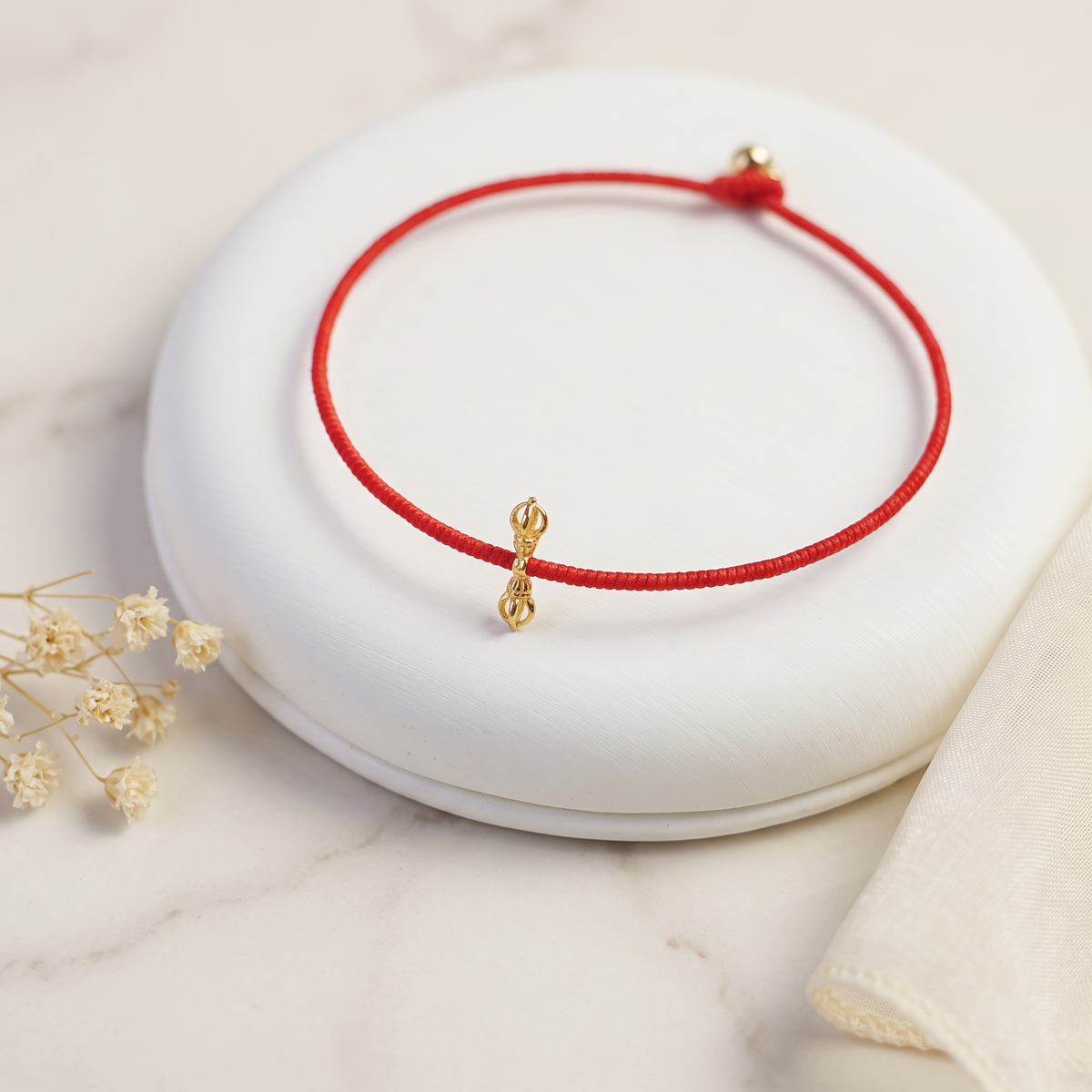 18K Gold Vajra Knot Charm Red Cord Adjustable Luck Unisex Bracelet