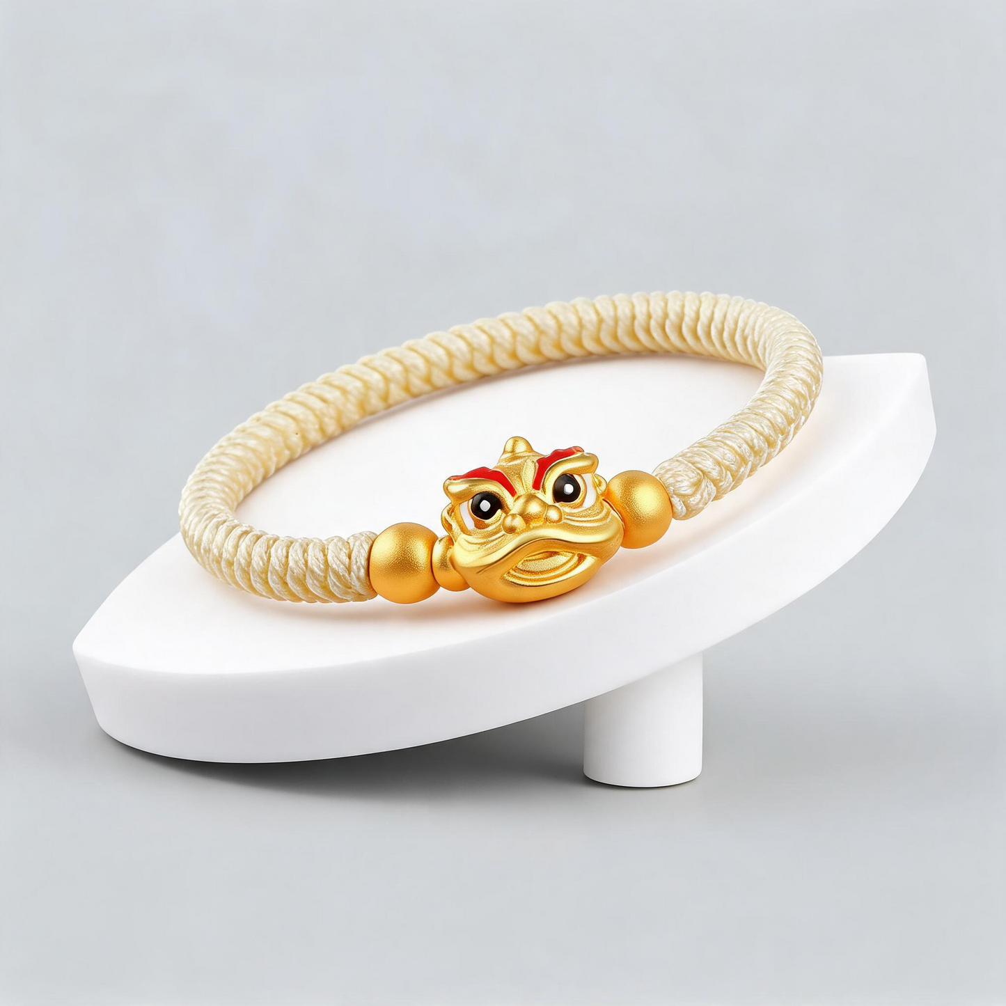 24K 999 Gold Enamel Dance Lion Charm String Cord Adjustable Bracelet