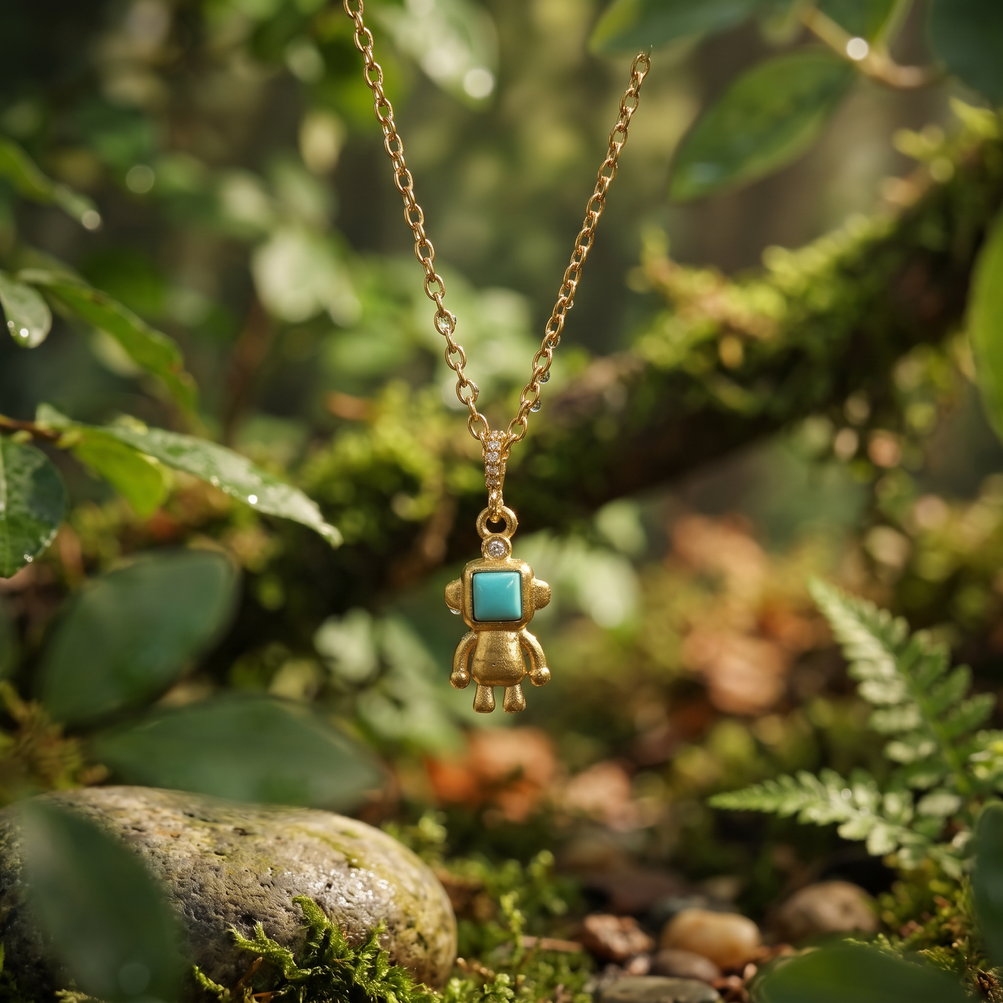 24K Pure 999 Gold Mini Solid Turquoise Robot D.I.Y Charm