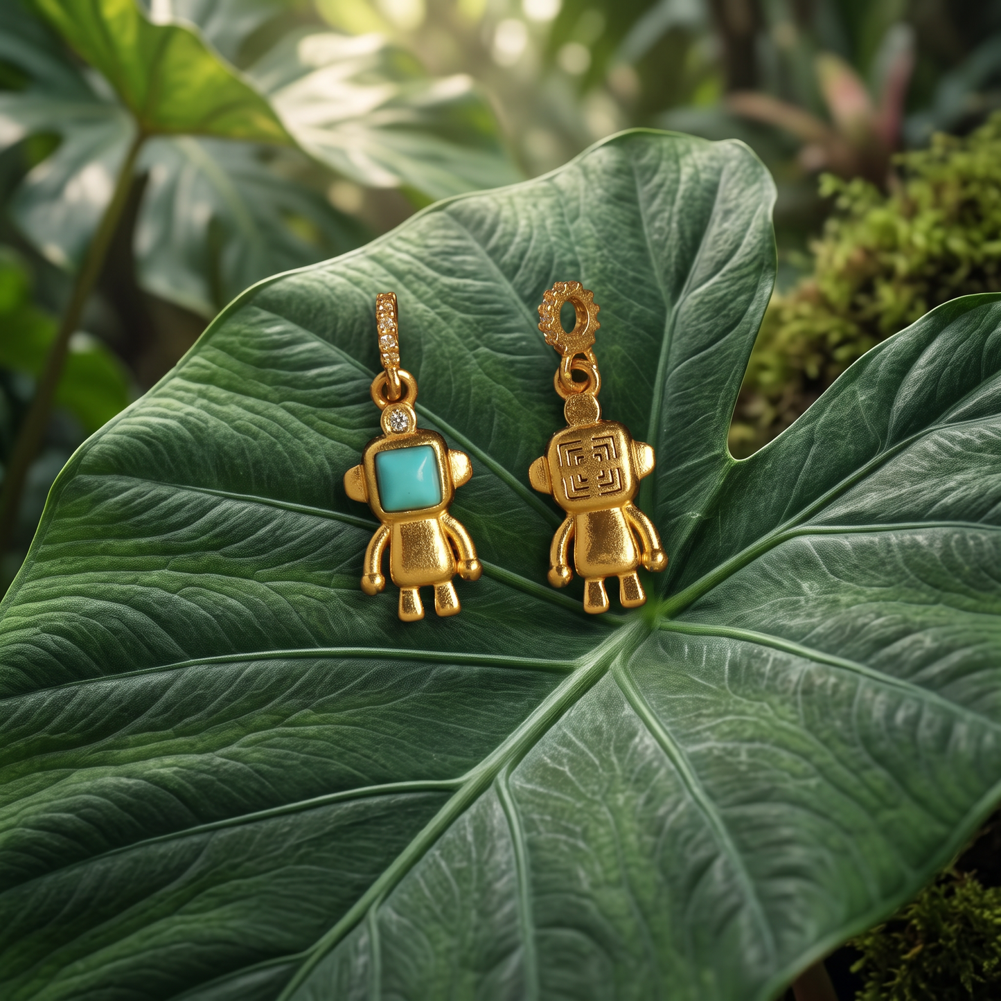 24K Pure 999 Gold Mini Solid Turquoise Robot D.I.Y Charm