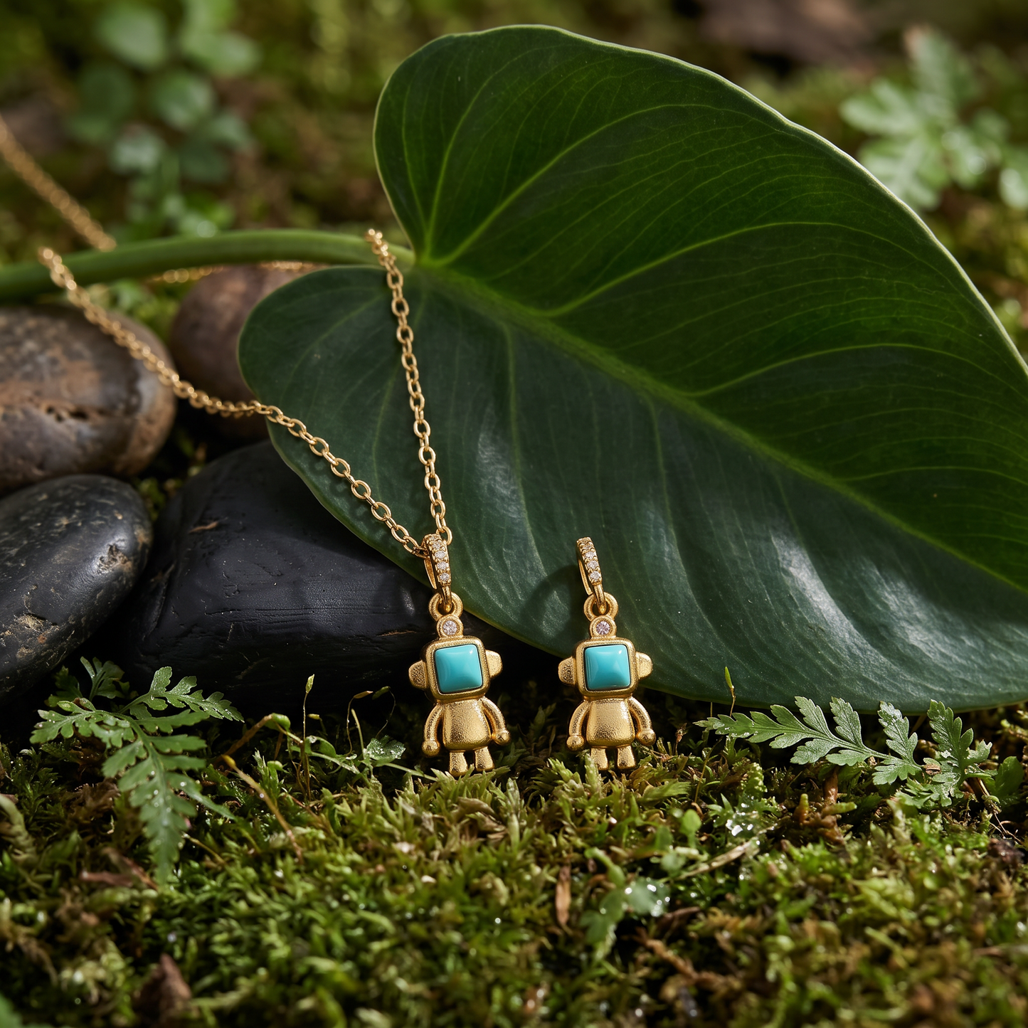 24K Pure 999 Gold Mini Solid Turquoise Robot D.I.Y Charm