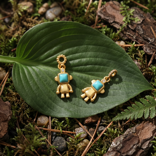 24K Pure 999 Gold Mini Solid Turquoise Robot D.I.Y Charm