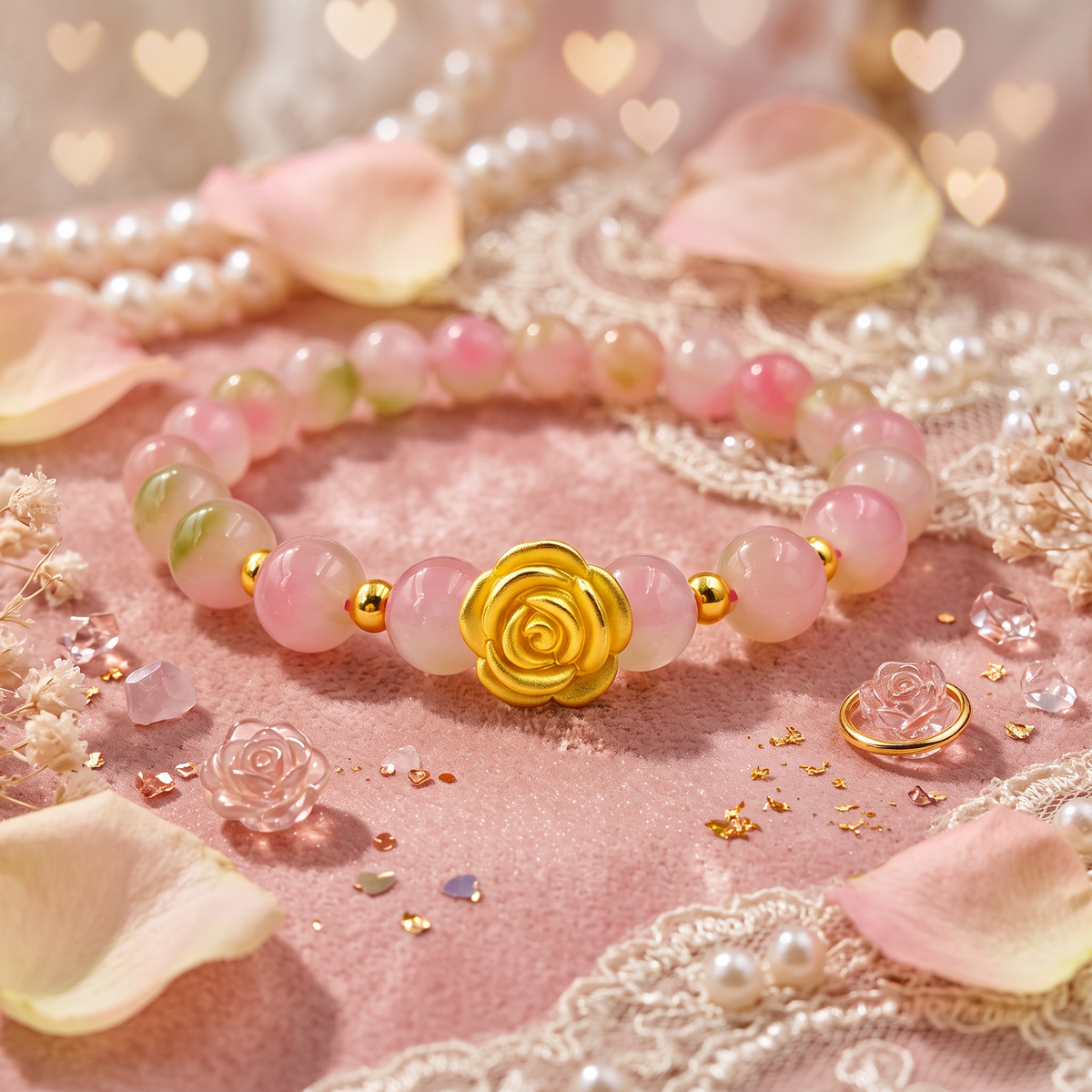 24K 999 Fine Gold Rose Shaped Flower Charm with Luck Pink Agate Bracelet Gift