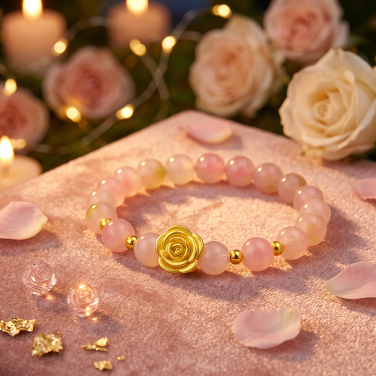 24K 999 Fine Gold Rose Shaped Flower Charm with Luck Pink Agate Bracelet Gift