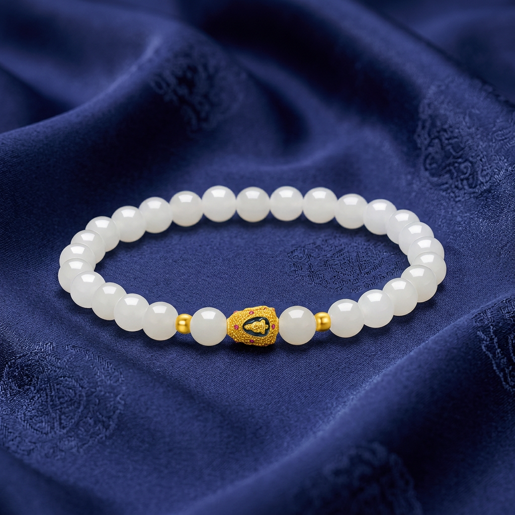 24K Gold Enamel Four-Faced Buddha Charm White Jade Beads Bracelet