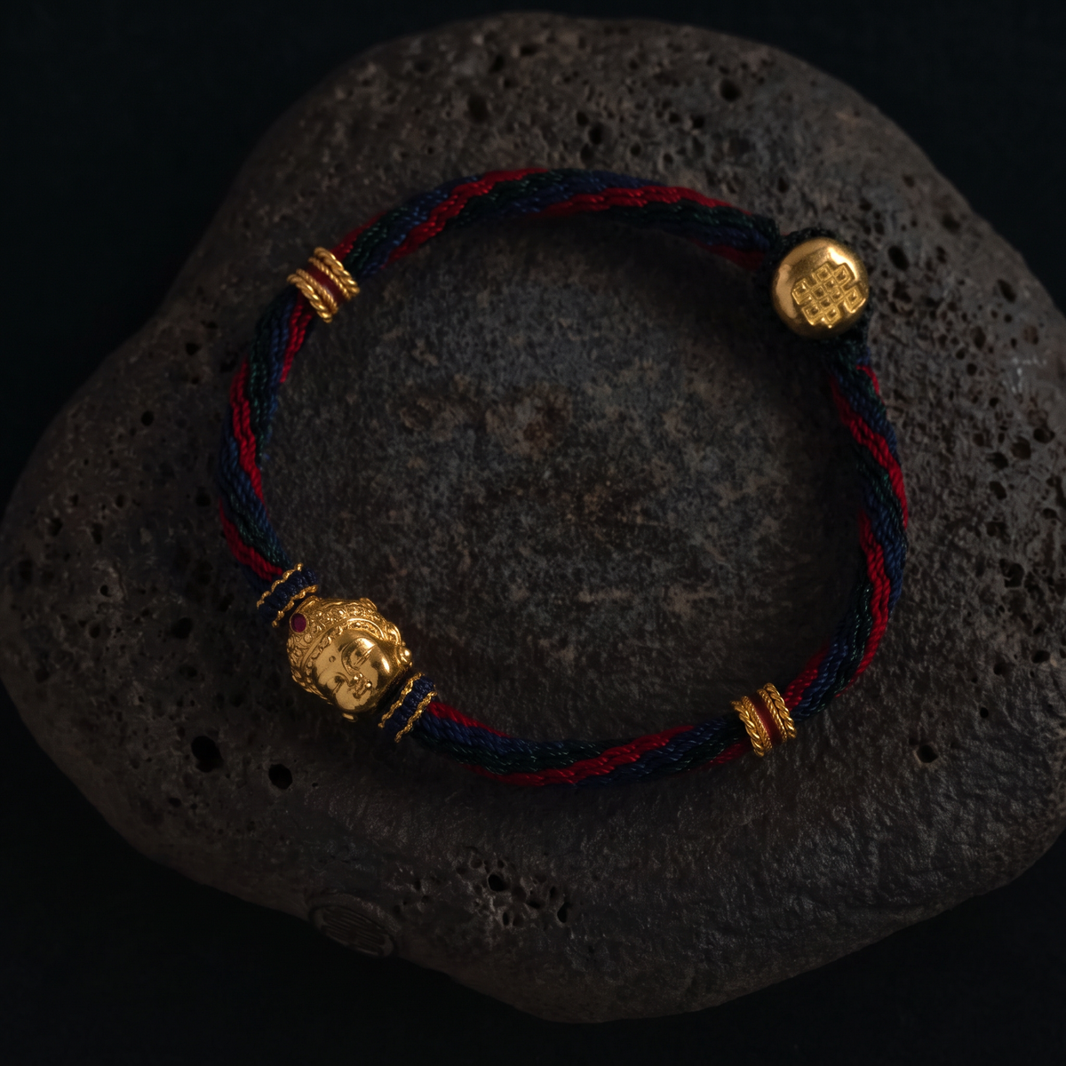 Originial Design 24k 999 Fine Gold Buddha Head Woven Cord Bracelet