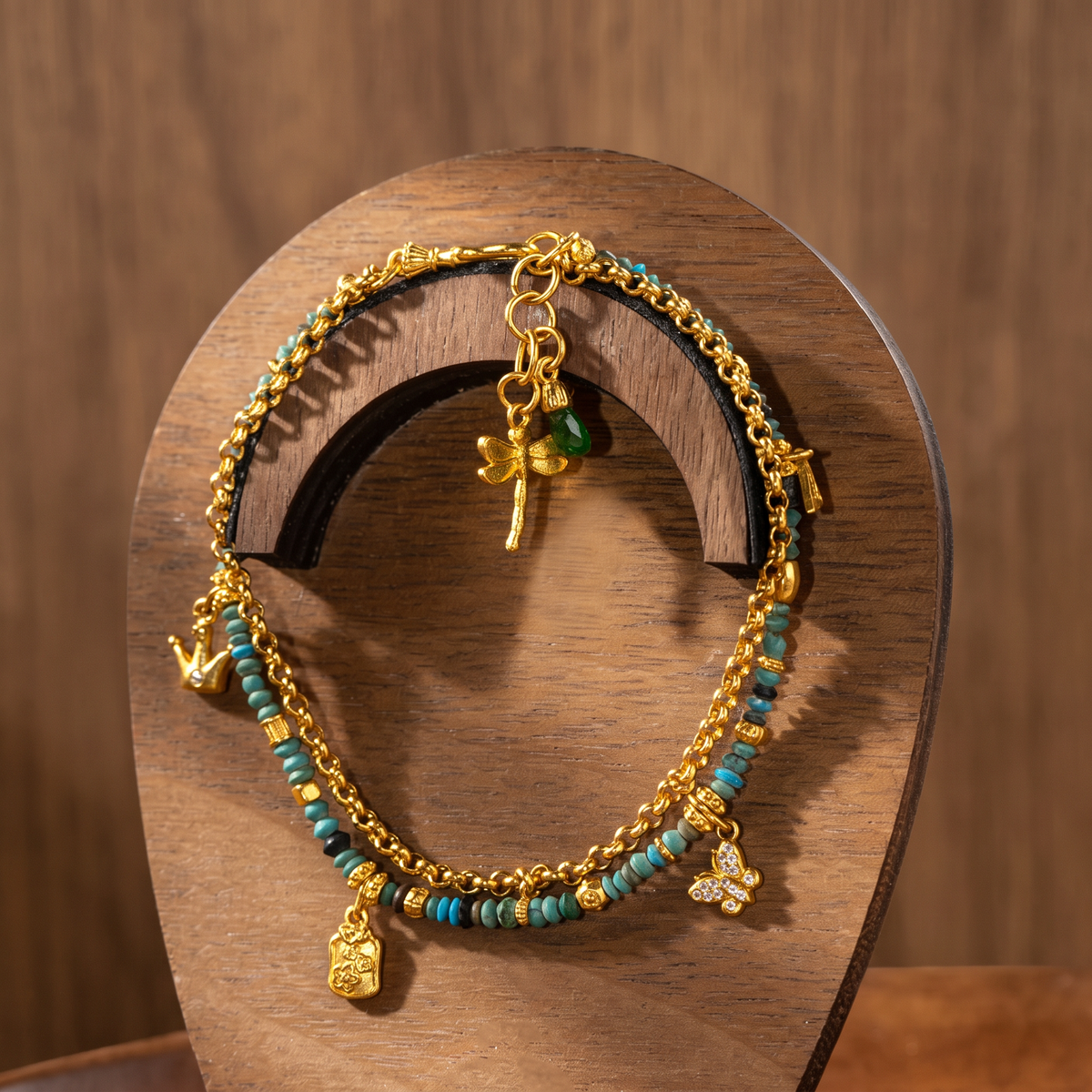 24k 999 Gold Double Layer Glass Bead Mini Crown Charm Good Fortnue Dangling Accents Bracelet
