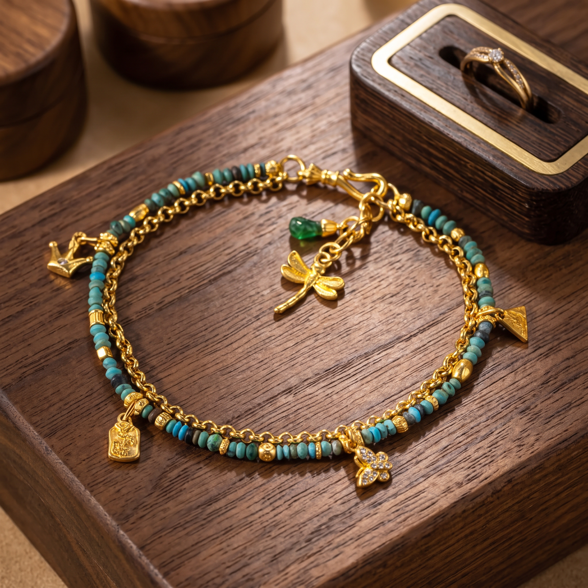 24k 999 Gold Double Layer Glass Bead Mini Crown Charm Good Fortnue Dangling Accents Bracelet