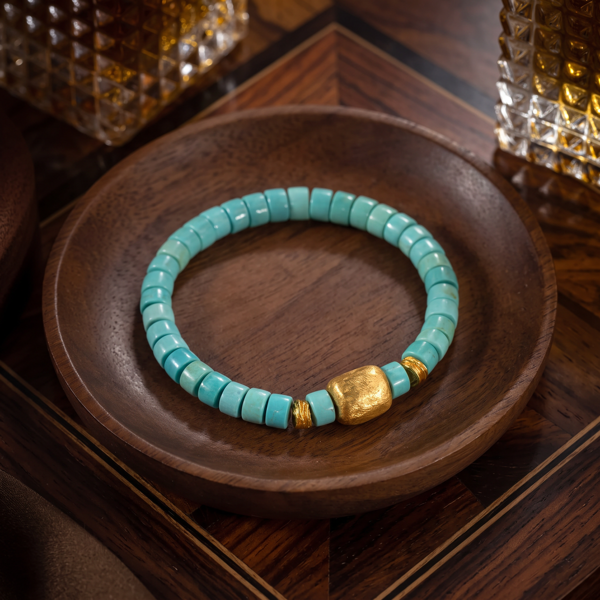 24k 999 Gold Hammered Charm Natural Turquoise Beads Bracelet