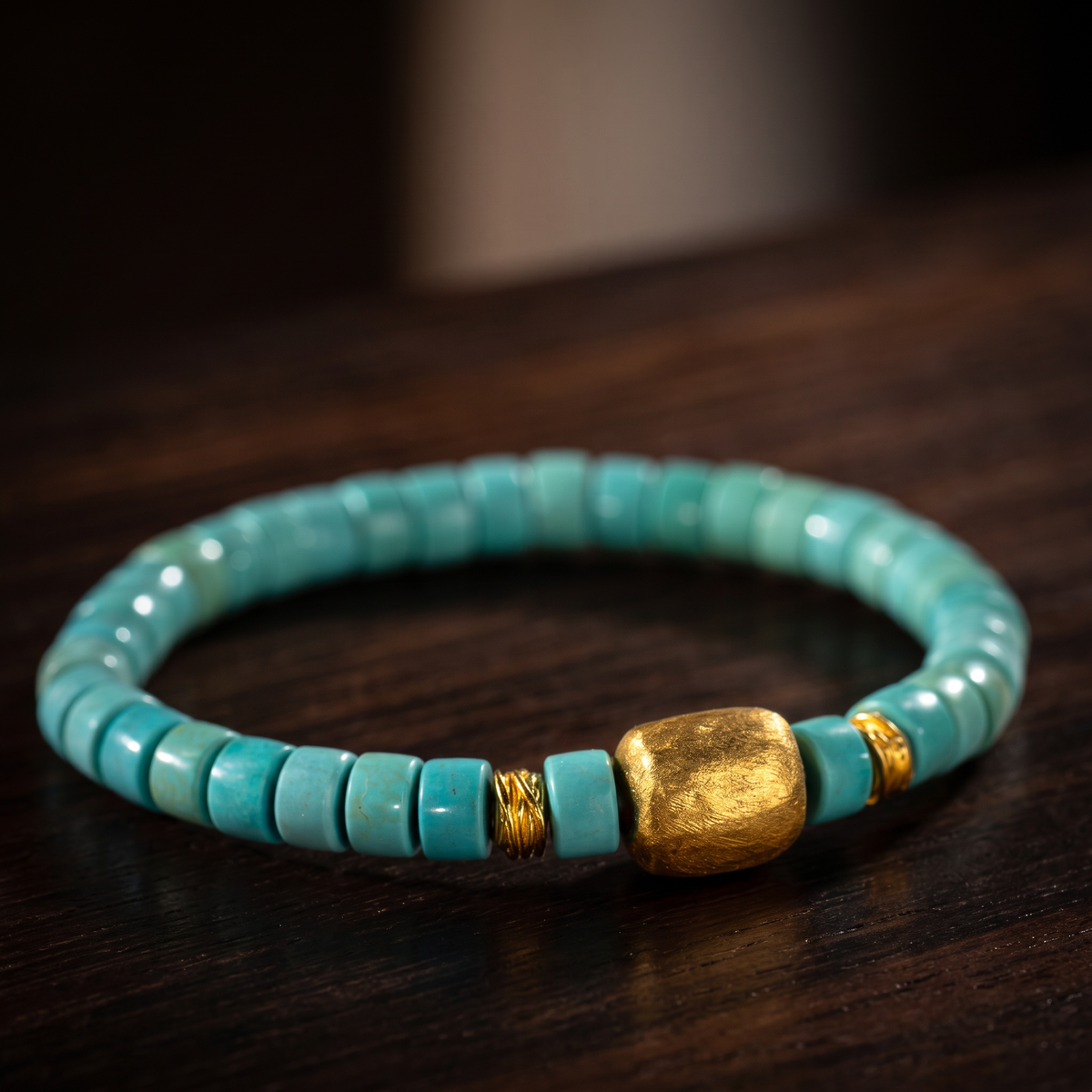 24k 999 Gold Hammered Charm Natural Turquoise Beads Bracelet