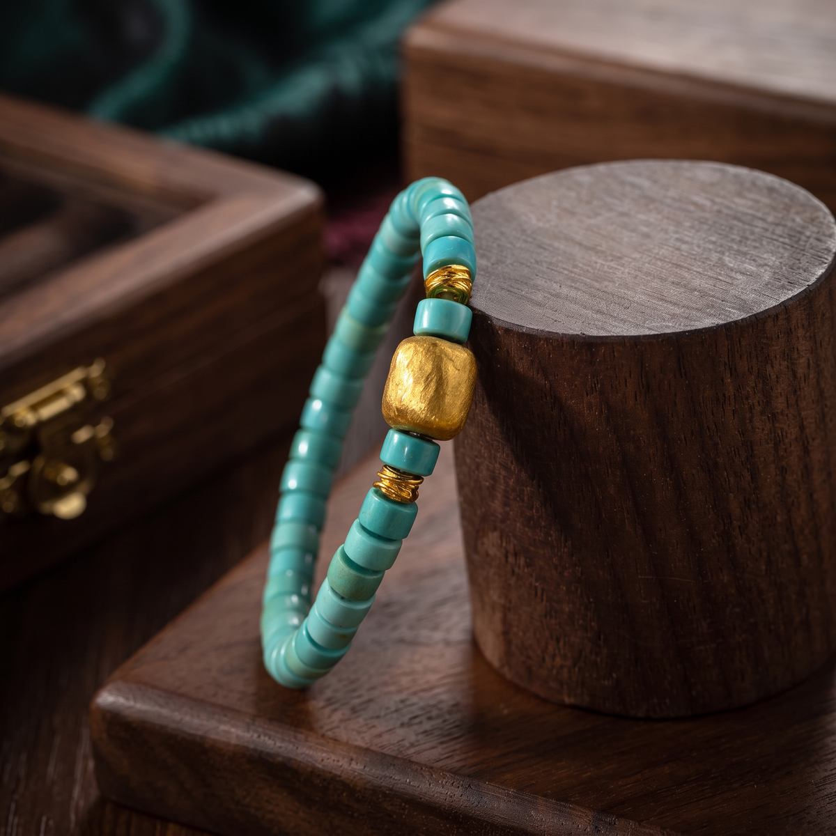24k 999 Gold Hammered Charm Natural Turquoise Beads Bracelet