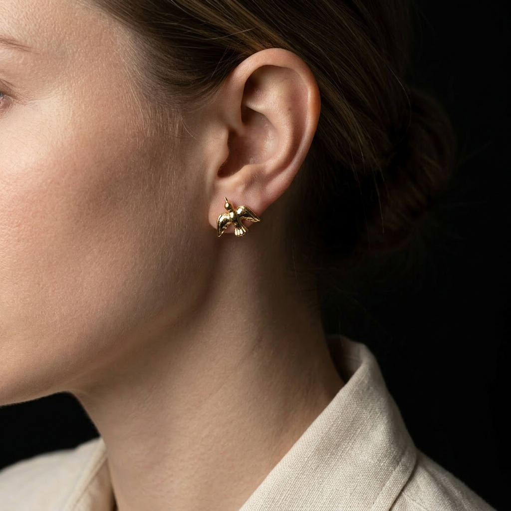 24K 999 Pure Gold Mini Bird Freedom Minimal Stud Earrings